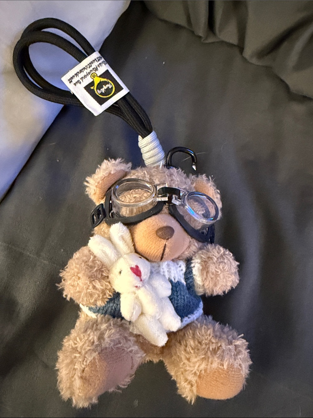 Plush Aviator Teddy Keychain with Bunny - Brown